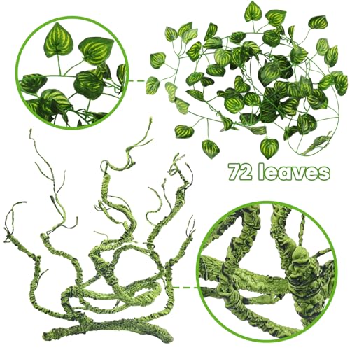 QUOZUO Bearded Dragon Tank Accessories, Terrarium Hanging Plant Vines Artificial Leaves Reptile Hide, Bridge Jungle Climber Reptile Vines for Snakes Bearded Dragon Chameleon Gecko Lizard