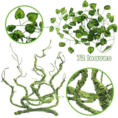 QUOZUO Bearded Dragon Tank Accessories, Terrarium Hanging Plant Vines Artificial Leaves Reptile Hide, Bridge Jungle Climber Reptile Vines for Snakes Bearded Dragon Chameleon Gecko Lizard