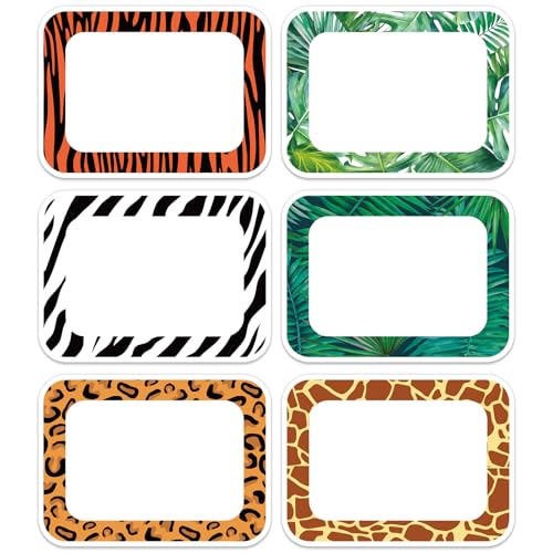 JarThenaAMCS 180 Pcs Animal Print Name Tag Stickers Self-Adhesive Africa Safari Tropical Leaves Nameplates Leopard Label Decals for Back to School Students Teacher Desk Classroom, 3.4 x2.5 Inch - style: Animal Print