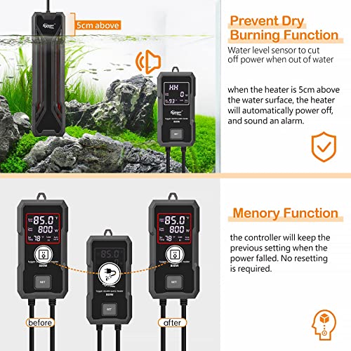 hygger Aquarium Heater 300W/500W/800W/1000W, Submersible Fish Tank Heater | With Digital LED Controller and Intelligent Leaving Water Automatically Stop Heating System, for Freshwater and Saltwater - size: 800W for 80-220 Gallon