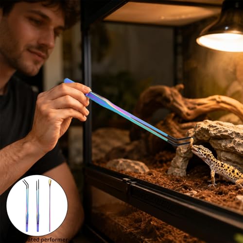 Reptile Feeding Tongs Set with Rubber Tip - 10.6" Stainless Steel Straight & Curved Tweezers and Feeding Spoon for Bearded Dragons, Lizards, Snake, Frog