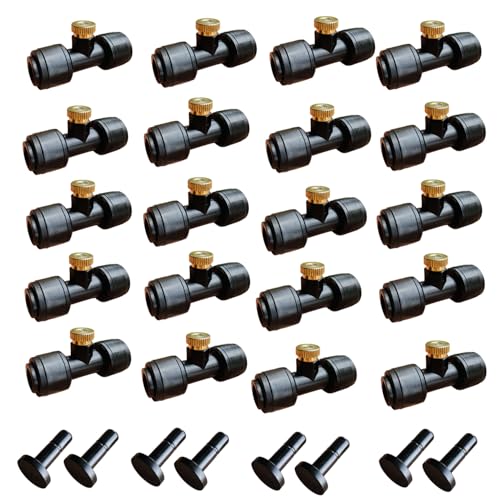 20 pack 1/4 Inch Misting Nozzles Kit Include 8 Black end Plug, Water Misting Tees Thread and Brass Orifice Nozzle， for Outdoor Cooling System Misting System，Patio, Garden Misters - style: Tee Nozzles(20)+8 end plug