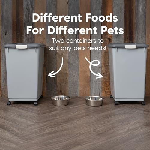 IRIS USA Dog Food Storage Container, 2-Pack, Up to 54 lbs, Gray/Dark Gray | Made in the USA, Comes w/ Wheels & 2-Cup Scoop, Airtight Seal, BPA-Free, Bird Seed, Cat food, Cat Litter, Multi-Pet Household - color: Gray/Dark Gray, size: 54 lbs - 2 Pack