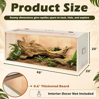 Bearded Dragon Tank,Wooden Reptile Tank and Lizard Tank,Tempered Glass Large Bearded Dragon Enclosure with Built-in Lamp Fixture (48X20X20inch,80 Gallons) - color: Wooden Roof, size: 48X20X20inch,80 Gallons
