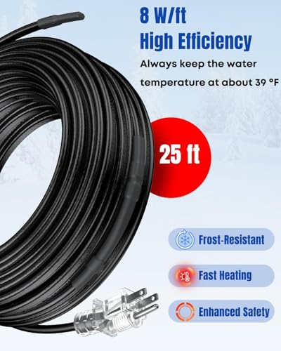 Pawfly 25 ft Heat Tape for Water Pipes, Pipe Heating Cable 8 W/ft 120 V, Self-Regulating Water Line Heat Tape Freeze Protection, Heating Trace for Pipes Roofs, Keep Water Flowing at -40 °F - style: 25 ft