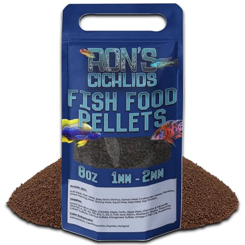 RON'S CICHLIDS African Cichlid Fish Food, Premium Tropical Fish Food Pellets with Protein, Veggies & Fruits for Healthier, Brighter & Bigger Tropical Fish & Cleaner Tanks, Juvie Blend, 8 OZ - size: 8 Ounce (Pack of 1)