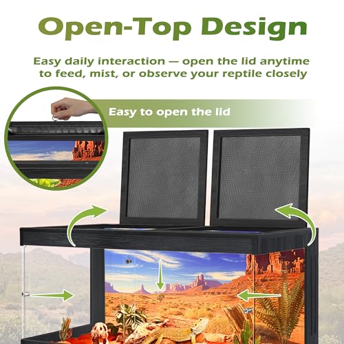 Royxen Bearded Dragon Tank, 34 Gallons Tempered Glass Reptile Terrarium with Metal Mesh Top, 3-Side Clear Anti-Scratch Glass Lizard Tank for Reptile Habitat (Black, 32" Length) - color: Black, size: 34Gal,32x16x16inch