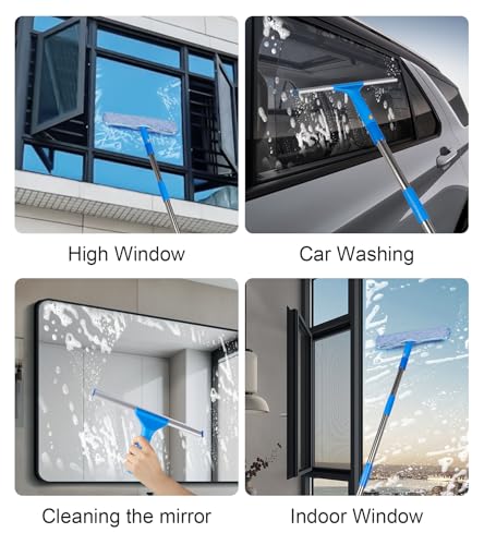 Window Squeegee Cleaner with 4 Stainless Steel Extension Poles,Long Reach to 58inch, Scrubber, Glass Scraper, Bendable Duster, 2 Scrubber Cloth for Window, Car, Professional Cleaning Kit - color: Silver