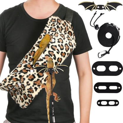 Bearded Dragon Backpack and Leash with Wings, Leather Adjustable Lizard Leash Reptile Carrier Harness Pet Reptile Backpack with Wing Accessories for Outdoor Walking Travel Rest