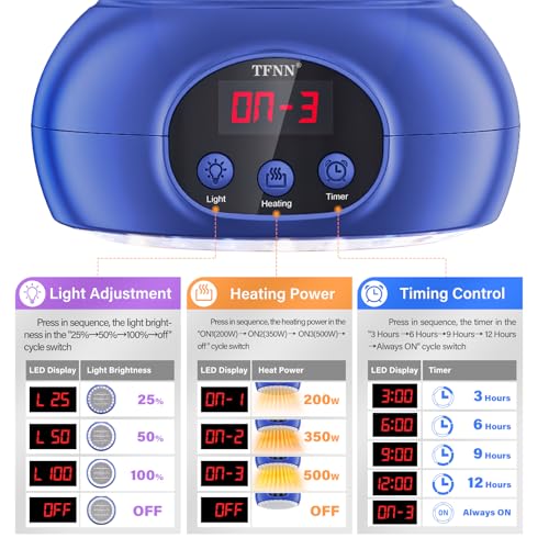 Chicken Coop Heater Lamps,200W-350W-500W Reptile Heating Lamp Upgraded with UVA UVB Ligh 3-6-9-12H Timer,Protable Greenhouse Heater for Outdoor Chicken Coop for Reptile Rabbits Dog Cats (5.2 Inch)