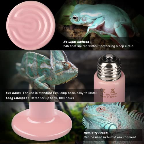Simple Deluxe 150W Mini Ceramic Heat Emitter Reptile Heat Lamp Bulb No Light Emitting Brooder Coop Heater for Amphibian Pet & Incubating Chicken, 2 Pack, Pink - color: Pink