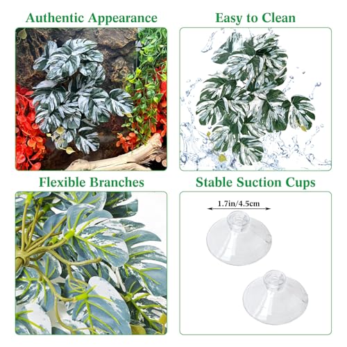 VCEPJH Loose Coconut Fiber Substrate 2 Pack Natural Coco Coir Reptile Bedding and 2 Pcs Reptile Plants with Suction Cup Amphibian Habitat Decor Artificial Leaves for Bearded Dragon, Lizard, Snake