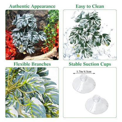 VCEPJH Loose Coconut Fiber Substrate 2 Pack Natural Coco Coir Reptile Bedding and 2 Pcs Reptile Plants with Suction Cup Amphibian Habitat Decor Artificial Leaves for Bearded Dragon, Lizard, Snake