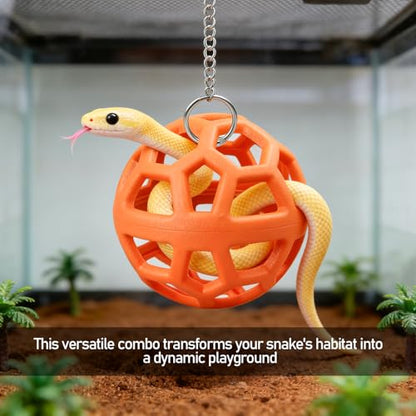 Snake Reptile Enrichment Ball & Hammock Combo, Durable Climbing Gym with Secure Chain - Fun Exercise & Resting Toy for Small Pet Snakes Including Python & Corn Snake Terrariums (Large, Orange)