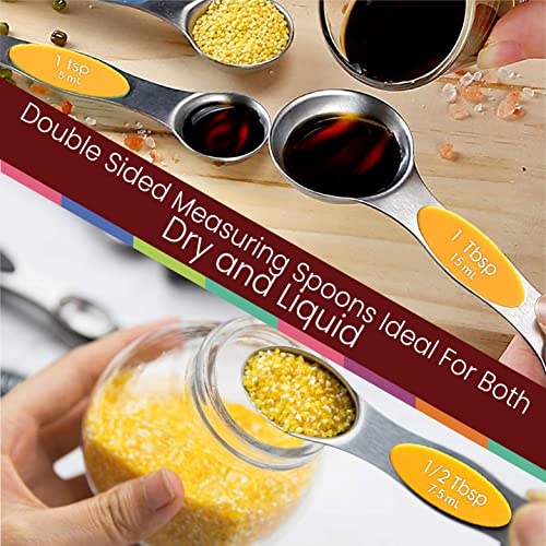 Magnetic Measuring Spoons Set of 9 Stainless Steel Dual-Sided Stackable Measuring Spoon Nesting Teaspoons Measuring Dry and Liquid Ingredients, Fits in Spice Jars Set of 9 (Orange) - color: Orange