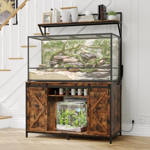 VOWNER 48"x24"Reptile Tank Stand with Power Outlet & Storage Cabinet, Brown | Fits up to 120 Gallon Bearded Dragon Tank, Sliding Barn Doors, Heavy Duty Aquarium Stand, Reptile Turtle Terrarium Stand - color: Rustic Brown