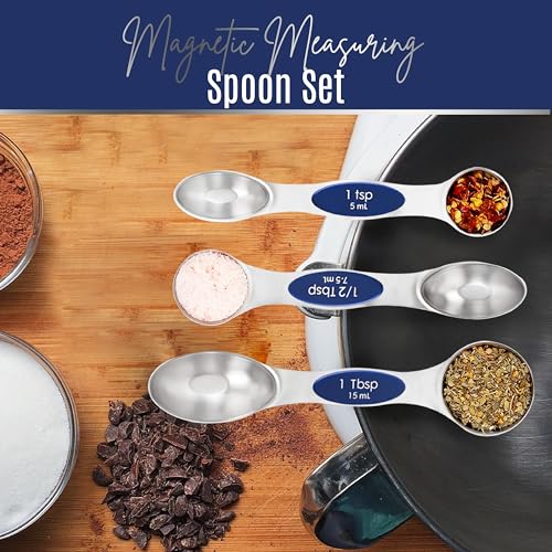 Magnetic Measuring Spoons Set of 9 Stainless Steel Dual-Sided Stackable Measuring Spoon Nesting Teaspoons Measuring Dry and Liquid Ingredients, Fits in Spice Jars Set of 9 (Sapphire) - color: Sapphire