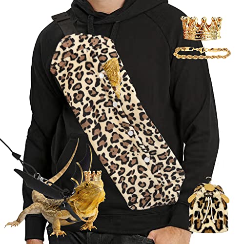 Bearded Dragon Leash and Harness Set, Beardie Carrier, Lizard Adjustable Harness with Leather Wings and Sling Bag, Reptile Small Pet Backpack Batwing Accessories (Leopard Pattern with Crown) - color: Leopard Pattern with Crown