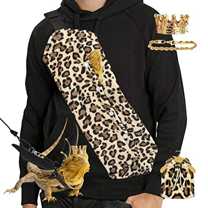 Bearded Dragon Leash and Harness Set, Beardie Carrier, Lizard Adjustable Harness with Leather Wings and Sling Bag, Reptile Small Pet Backpack Batwing Accessories (Leopard Pattern with Crown) - color: Leopard Pattern with Crown