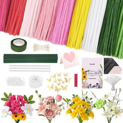 Cwczhi 600 PCS Pipe Cleaners Craft,9 Colors Pipe Cleaner Bulk Flower Kit | with Instructions,Floral Wires,Stamen,Wrapping Paper& Ribbon,Art and Craft Supplies - color: pink-2