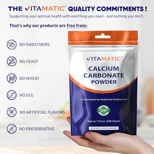 Vitamatic Calcium Carbonate Powder – 500 g (17.6 oz) – Unflavored Dietary Supplement Powder Non-GMO