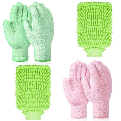 Potchen 6 Pcs Microfiber Dusting Mitt Gloves for Plants Washable Dusting Gloves for House Cleaning Furniture Car Washing - color: Green, Pink, Cyan