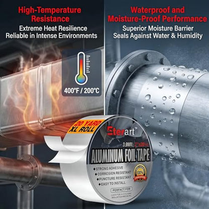 ETERART Aluminum Foil Duct Tape, High-Temp Seal for HVAC,2" x 20Yds | Heavy-Duty, Dryer Vents & Insulation, Stops Air Leaks & Resists Extreme Heat for Home Repair, Silver, easy to apply, durable - size: 2 Inches x 20 Yards