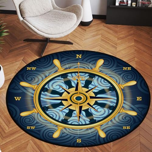 keepcute 6 ft Round Compass Rose Area Rug Nautical Non Slip Floor Mat - color: Gold Compass Rose, size: 6' (Round)