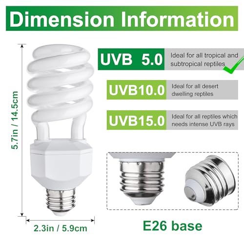 UVB Reptile Light Bulb 5.0, 23W UV Spiral Compact Florescent Terrarium Lamp Ideal for Tropical Reptiles Bearded Dragon Hermit Crab Turtle Leopard Gecko Tank Chameleons Iguanas Snake - 2 Pack - size: UVB5.0