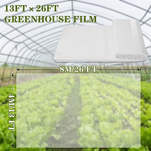 Greenhouse Film 13 x 26 Ft Greenhouse Plastic Plant Covers Freeze Protection UV Resistant PE Clear Film for Plants Dust Proof Resist Cold Weather Heavy Rainfall Strong Winds