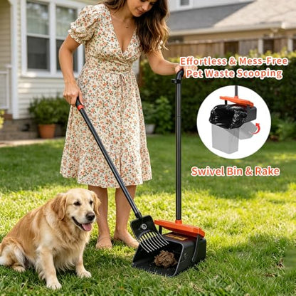 Pooper Scooper, 46" Long Handle Heavy Duty Picker-Upper, Swivel Bin Rake Kit with Bag Attachment, 100 Waste Bags for Small Large Dogs Puppy Poop Trash Litter Cleanup Yard Outdoor Pet Essentials - color: Gray & Bright Orange