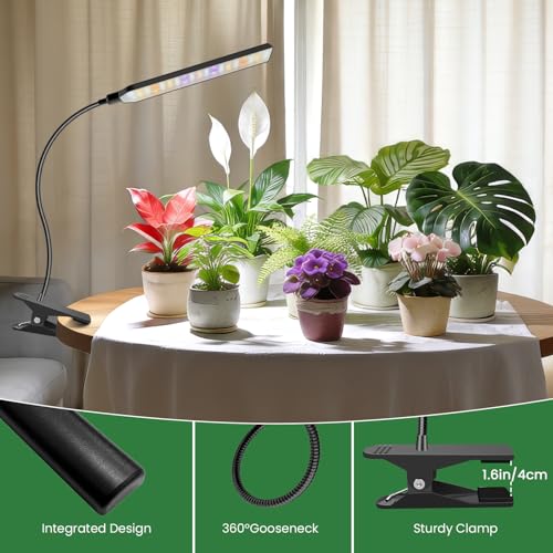 Kullsinss Clip-on Plant Lights for Indoor Growing, 57 LEDs 10W Grow Light | Full Spectrum Grow Lamp with Timer & Dimmable, Black Gooseneck Plant Lamp for Seed Starting, Succulents, Seedlings - size: 1 Head-Black
