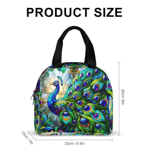 Stained Glass Green Peacocks Lunch Bag for Women Men | Insulated Lunch Box Leakproof Food Meal Containers Reusable Foldable 6L Capacity Lunch Tote Bags for Work Picnic Travel - color: style-14