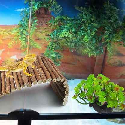 3 PCS Bearded Dragon Tank Accessories, Reptile Hideout Wooden Bridge Hanging Plant Artificial Succulent Plants Terrarium Decor Hiding Climbing for Chameleon Gecko Lizard Snakes Frog