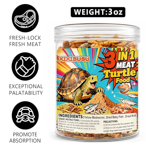 Turtle Food for Reptiles, 3 oz Canister - 3-in-1 Blend of Dried Mealworms, River Shrimp & Fish - Turtle Treats with High Protein, Reptile Treats for Aquatic Turtles (3 oz)
