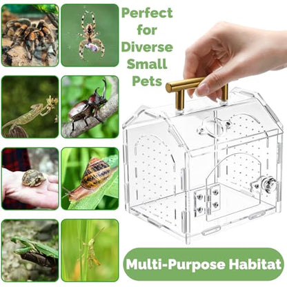 Tlence Jumping Spider Enclosure with Handle, Front Opening Acrylic Arboreal Terrarium with Magnetic Closure, Portable Micro Reptile Habitat for Tarantulas, Frogs, Gecko, Mantis