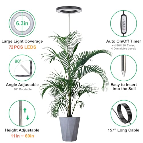 LORDEM Black Full Spectrum LED Grow Light, 72 LEDs, 4 Brightness Settings, Auto On/Off Timer, Height Adjustable, Ideal for Large Plants | 72 LEDs Plant Light, Auto Timer 4/8/12H, 4 Dimmable Levels, Height Adjustable 9.8-65 inch, Ideal for Tall Houseplants