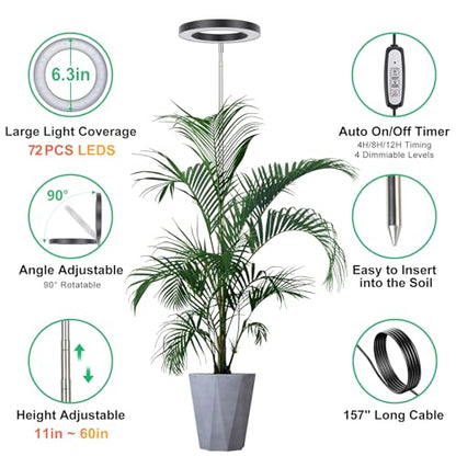 LORDEM Black Full Spectrum LED Grow Light, 72 LEDs, 4 Brightness Settings, Auto On/Off Timer, Height Adjustable, Ideal for Large Plants | 72 LEDs Plant Light, Auto Timer 4/8/12H, 4 Dimmable Levels, Height Adjustable 9.8-65 inch, Ideal for Tall Houseplants