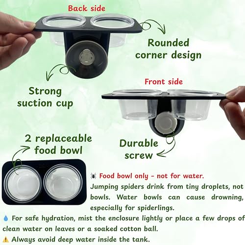 Jumping Spider Feeding Dish Kit with Tweezers, Dual Cup Food Bowl with Suction Mount, Small Reptile/Tarantula Enclosure Accessories (Feeding Ledge)
