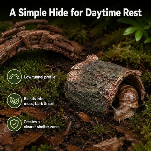 Pet Snail Hideout and Climbing Bridge Set for Terrarium Habitat Decor (Hideout) | Low-Profile Bark-Style Hideout and 17 cm Bridge for Natural Resting and Crawling Routes