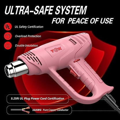 Heat Gun, TGK® 1800W Heavy Duty Hot Air Gun Kit 122℉~1202℉ Dual Temperature Settings with 6 Nozzle Attachments Overload Protection for Crafts, Shrink Wrapping/Tubing, Paint Removing, Epoxy Resin - color: Pink
