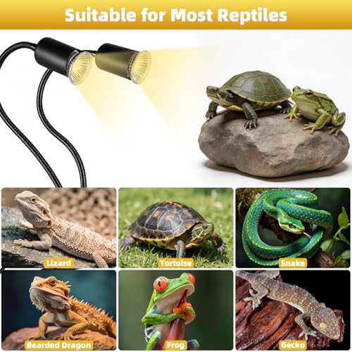 Reptile Heat Lamp with Timer & Hygrothermograph, Double-Head UVA UVB Reptile Light, Simulated Sunlight Basking Spot Lamp for Turtle, Lizard, Snake, Beared Dragon, Amphibians, 2 Bulbs 25W+50W
