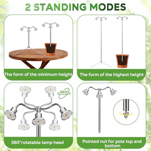 Full Spectrum Grow Lights for Indoor Plants 15-62 Inches Height Adjustable Aluminum Alloy Plant Growing Lamps with Detachable Tripod Stand, Auto On/Off Timer (Full Spectrum, Three Heads)