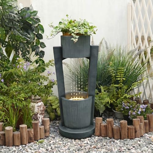 Sunlinua 33" H Modern Outdoor Water Fountain Cascading Realistic Rock Waterfall Fountains with LED Lights Outdoor Water Fountain for Garden Patio Backyard Porch Home Decor Gold - color: 29.7"h-gold