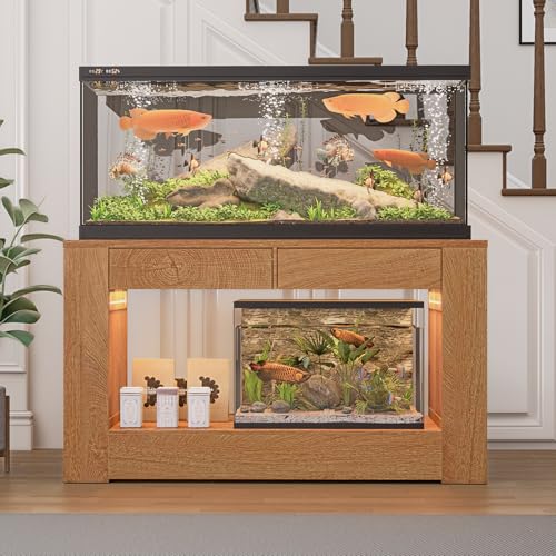 48" Aquarium Stand for 55–75/90 Gallon Tank,Heavy Duty Fish Tank Stand up to 1000 LBS,Aquarium Stand with Power Outlet & LED Light,2-Tier Turtle Reptile Tank Stand with Storage,Natural