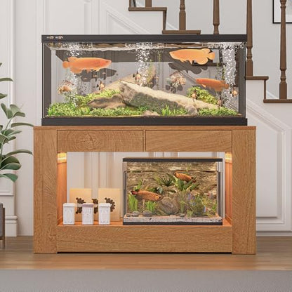 48" Aquarium Stand for 55–75/90 Gallon Tank,Heavy Duty Fish Tank Stand up to 1000 LBS,Aquarium Stand with Power Outlet & LED Light,2-Tier Turtle Reptile Tank Stand with Storage,Natural