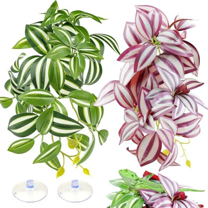 QUOZUO 2 Pack Reptile Plants, Artificial Hanging Plants with Suction Cups, Habitat Decor Plastic Vines Decorations for Bearded Dragons Lizards Snake Geckos Frogs -Purple and Green