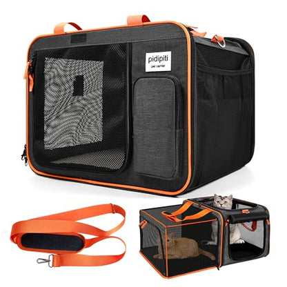 pidipiti 20x14x14 Expandable Large car Carrier for 1 Large /2 Medium Cats | pet Crate for Short Trip or Long road Travel,with zipper lock,pockets,good Visibility,leakproof. - size: 20"L x 14"W x 14"H