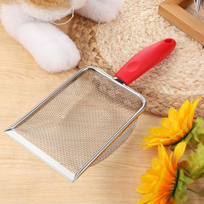 Fine Mesh Metal Reptile Litter Cleaner Scooper, Stainless Steel Mesh Litter Shovel, Black Non-Slip Handle Sifter for Lizard Substrate Reptile Terrarium Sand Waste, Red