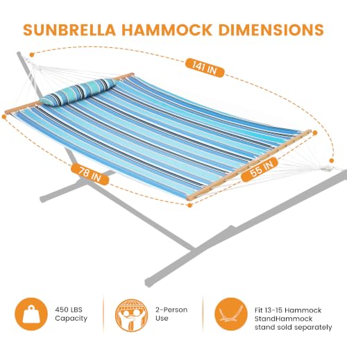 Lazy Daze 12 FT Sunbrella Fabric Hammock, Non-Fading Double Outdoor Hammock | 2 Person Hammock with Pillow, Straps, Carabiners , All Weather Fade Resistant for Outside, Dolce Oasis - color: Dolce Oasis